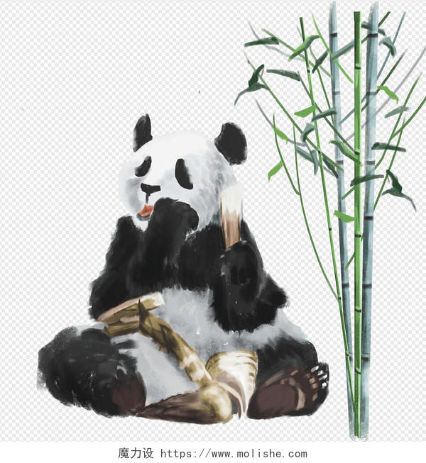 手绘国风古风黑白熊猫绿色竹林下吃竹笋水墨竹子元素
